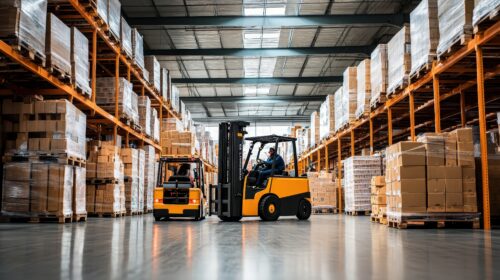 Modern warehouse with forklifts and high shelving for material handling.
